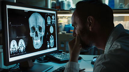 A radiologist carefully examines a detailed skull X-ray displayed on a computer screen. The setting is a modern medical office filled with diagnostic tools and technology