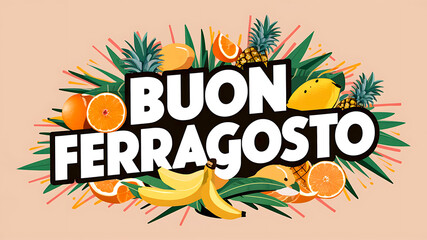 Tropical fruits around modern typography text 'Buon Ferragosto', summer vibes, bright and digital art style