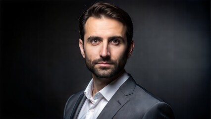 business portrait, studio photography, black solid background, 35 years old European male