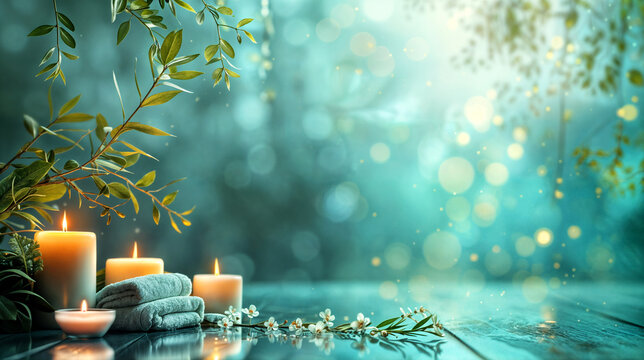 Blue spa and wellness background with candles, towels and plants, blurred bokeh effect