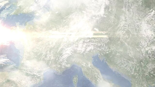 Zoom in from space and focus on Triesenberg, Liechtenstein. 3D Animation. Background for travel intro. Elements of this image furnished by NASA