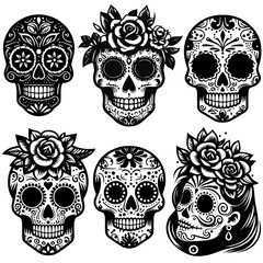 Sugar Skulls Set. Day of the Dead Skull, isolated on white background. Dia de los Muertos. Mexican sugar skull. Design element for logo, emblem, sign, poster, card, banner. Vector illustration. 