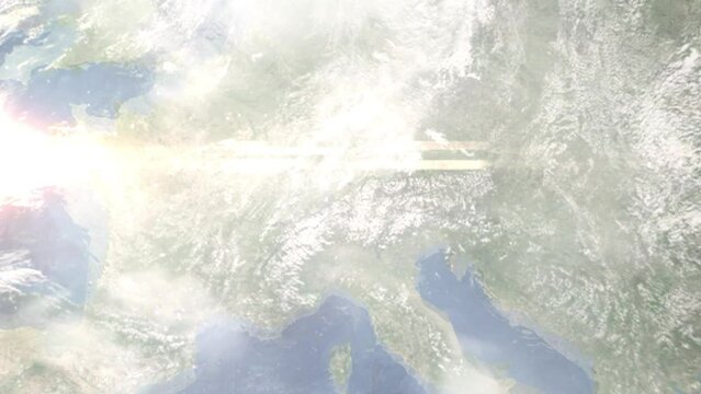 Zoom in from space and focus on Nendeln, Liechtenstein. 3D Animation. Background for travel intro. Elements of this image furnished by NASA