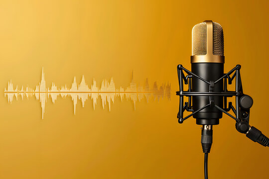 A golden studio microphone with a pop filter, next to a visual sound waveform on an orange background. Provides ample copy space, perfect for podcasting, voice over, audio production themes