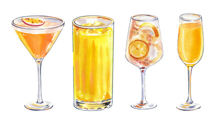 Set of watercolor hand painted orange summer aperetive cocktails glass simple sketch illustration on white background DIY elements for bar menu social media ads and posters