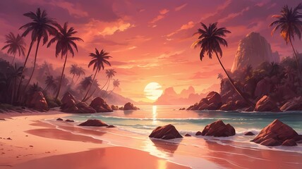 view of the beach with palm trees with the rays of the rising sun
