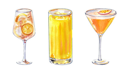Set of watercolor hand painted orange summer aperetive cocktails glass simple sketch illustration on white background DIY elements for bar menu social media ads and posters