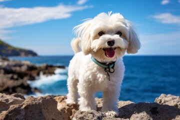 Portrait of a happy maltese isolated on rocky shoreline background