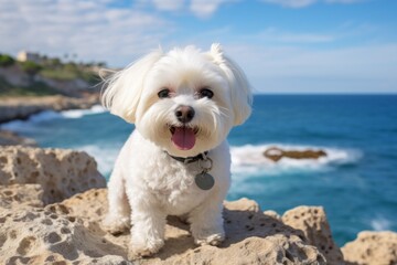 Portrait of a happy maltese in rocky shoreline background