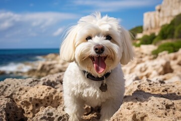 Portrait of a smiling maltese isolated in rocky shoreline background