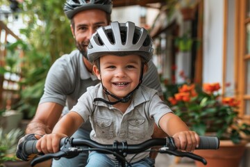 Obraz premium Child learning to ride a bike, parent supporting them, joyful learning moment, The images are of high quality and clarity
