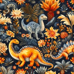 A vibrant and playful dinosaur pattern background featuring various dinosaurs in a whimsical style. Ideal for children's room decor, creative projects, or digital art.