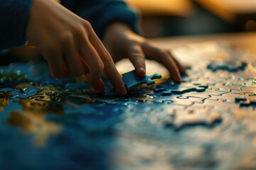 A person's hands are seen placing a puzzle piece into a partially completed jigsaw puzzle.
