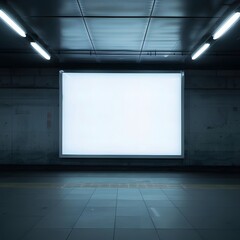 Blank illuminated billboard in a dimly lit underground station, ideal for advertisement mockups and urban-themed projects.