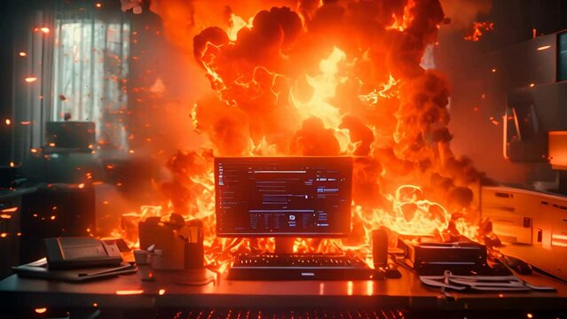flying debris, computer heavy detonation view, backdraw, smoke and fire, chaos office, dark,generative ai