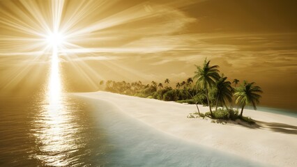 Sand spit of a tropical island stretching into the distance. Beautiful sunny summer landscape with white sand beach.