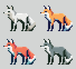 Fototapeta premium fox set tiny pixel art cartoon character set pixel art style vector illustration various patterns and colors