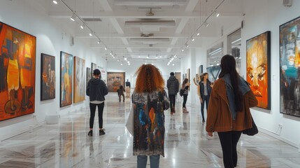 A vibrant art gallery with people admiring paintings, sculptures, and contemporary artworks, capturing the essence of creativity