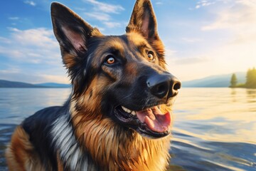 Portrait of a happy german shepherd while standing against calm bay background