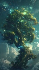 Fototapeta premium A visually captivating depiction of the Tree of Life rendered in a dreamlike, intricate guilloché style. Vibrant symbolism interwoven with artistic elegance captivates the viewer’s imagination.