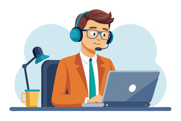 Portrait of a serious young man in a headset and glasses sitting at a desk in the office holding a microphone with his hand working on a laptop looking confidently into the camera modern flat design