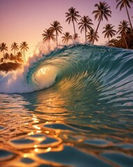 A stunning photograph capturing the inside of a wave at sunset, with the water reflecting vibrant orange and pink hues, while palm trees and a surfer silhouette adorn the background.