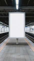 Empty billboard at a deserted train station platform with no passengers, ideal for advertisement mockup or promotional design.