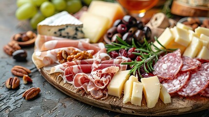 Gourmet Charcuterie Board with Assorted Meats, Cheeses, Nuts, and Fruits