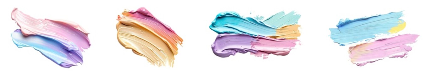 Set of brush stroke colorful pastel liquid foundation swatches, smears of liquid concealer for makeup elements design, isolated on white background, png