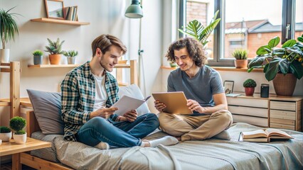 Two college roommates sitting on a dorm bed, surrounded by study materials and discussing their notes.
