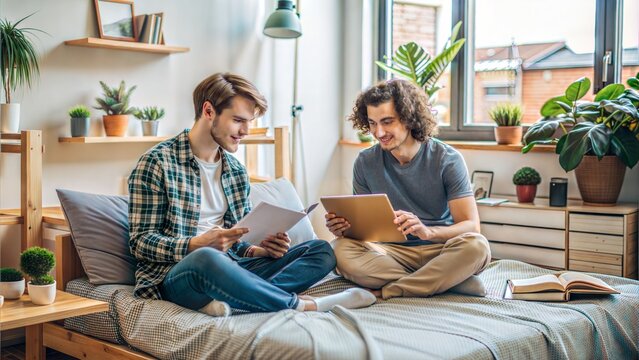 Two college roommates sitting on a dorm bed, surrounded by study materials and discussing their notes.
