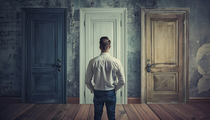 man in doubt in front of three open doors