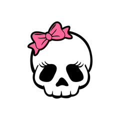 Calavera de mujer. Logo de calavera humana femenina con nudo de lazo para invitaciones y tarjetas de Halloween