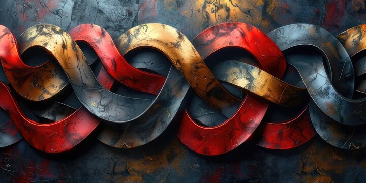 3d rendering of red, gold, and silver intertwined loops on a dark background AIG51A.