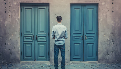 man in doubt in front of three open doors
