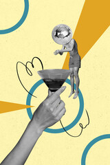 Vertical photo collage of shirtless guy jump cocktail glass instead head disco ball summer party...