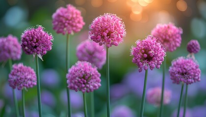 Obraz premium Allium flower field during summertime. Bloom of purple allium flowers. Closeup of allium flowers