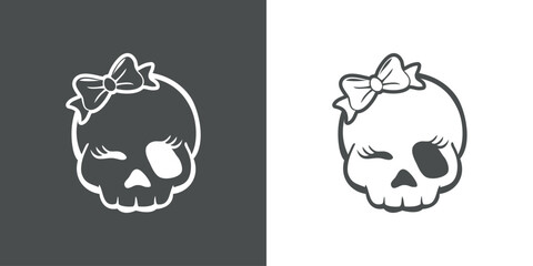 Calavera de mujer. Logo de calavera humana femenina guiñando un ojo con nudo de lazo para invitaciones y tarjetas de Halloween