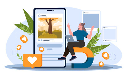 Magnet attracts likes. Woman sits by smartphone with posts on social networks. Promoting interesting content on Internet. SMM specialist. Cartoon flat vector illustration isolated on white background