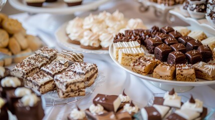 Sweet desserts served at a wedding reception Sweet treats for a celebration Assortment of cookies and a chocolate selection