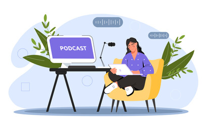 Woman with online podcast. Young girl sits near laptop and listens to audio files. Education and training on Internet. Student with electronic audio book. Cartoon flat vector illustration