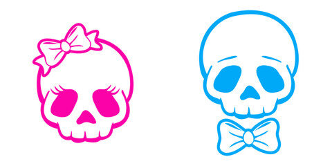 Calaveras de hombre y mujer. Logo de calavera humana masculina con corbata de lazo y femenina con nudo de lazo para Halloween