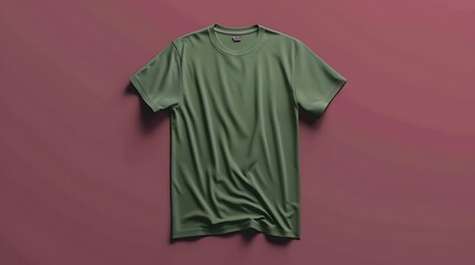 empty green t-shirt mockup on solid maroon background, side view