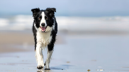 Border collie running on the sea beach. Dog training concept. Copy space.