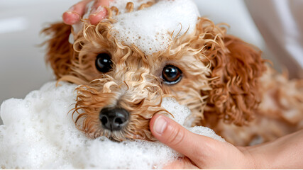 Pet groomer hands washing cute maltipoo puppy with shampoo in a modern grooming salon. Professional animal grooming service, pet care, small business concept.