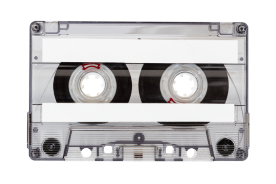 Old tape cassette with blank labels isolated on transparent background, Template mock up