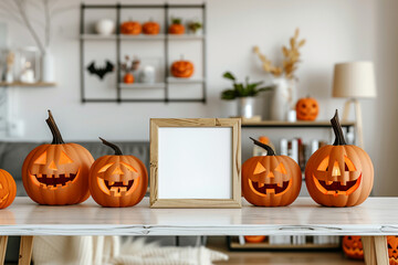 Festive Halloween pumpkins decoration with with white mock up picture frame on a table in a bright living room. Holiday Halloween design interior. Copy space.