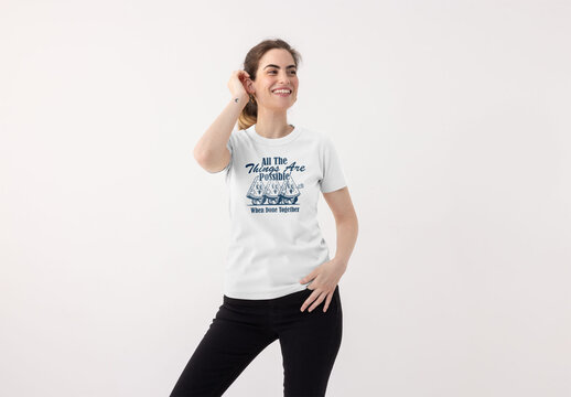 Mockup of woman wearing customizable t-shirt, smiling
