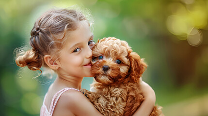 Happy girl holding a brown Maltipoo puppy in a park. Veterinary, pet store, pet training concept. Copy space.