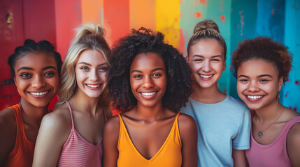Fototapeta premium Diverse group of smiling young women in front of a vibrant rainbow background, celebrating friendship, diversity, and happiness